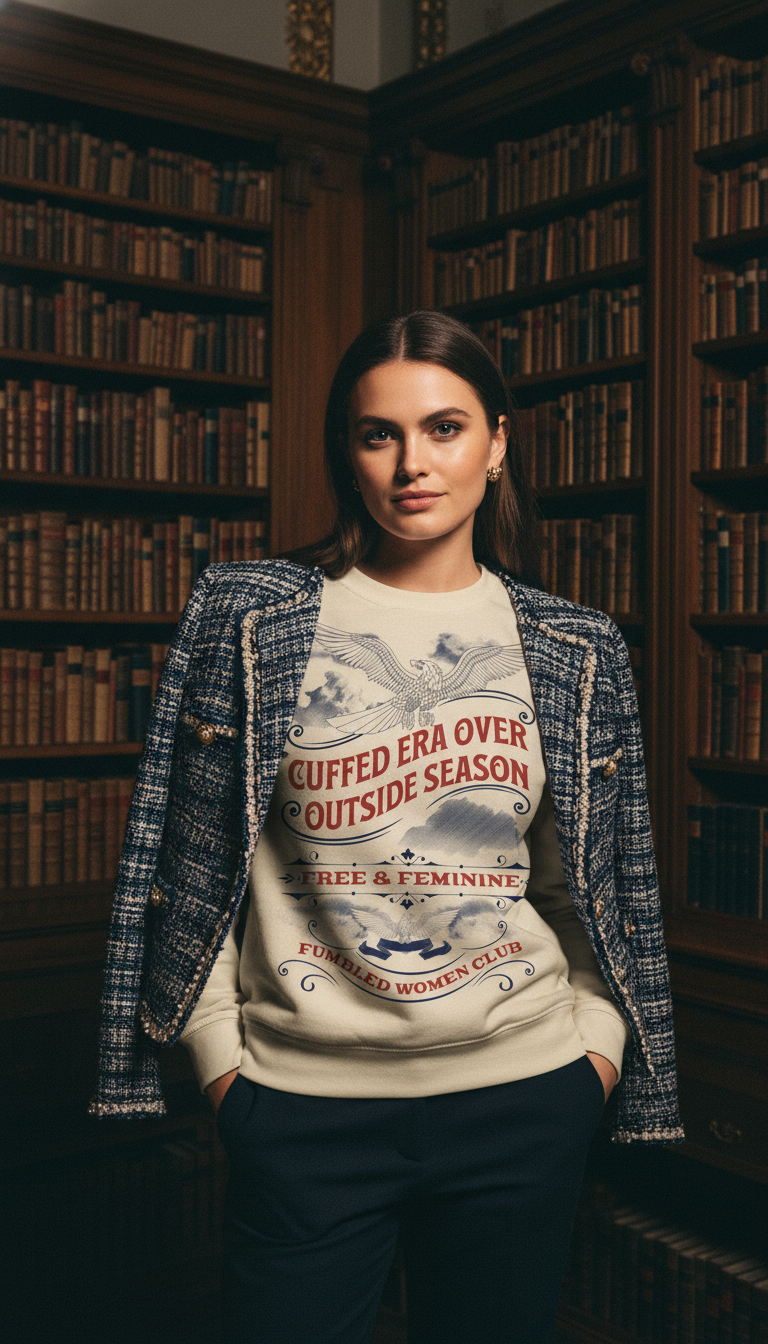 Woman wearing a t-shirt with text and graphics in a library setting